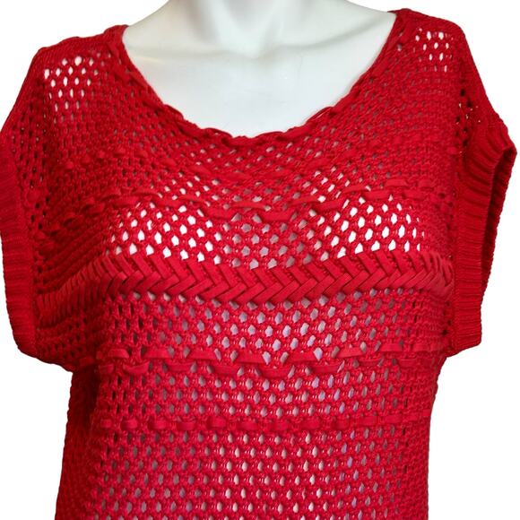 Lafayette 148 New Yotk Red Open Knit Short Cap Sleeve Sweater sz M EUC - Picture 2 of 7